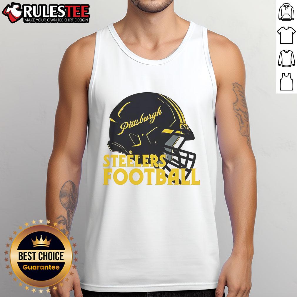 Alt Text: Stylish tank top featuring an awesome NFL Pittsburgh Steelers football helmet design, perfect for fans and summer wear.