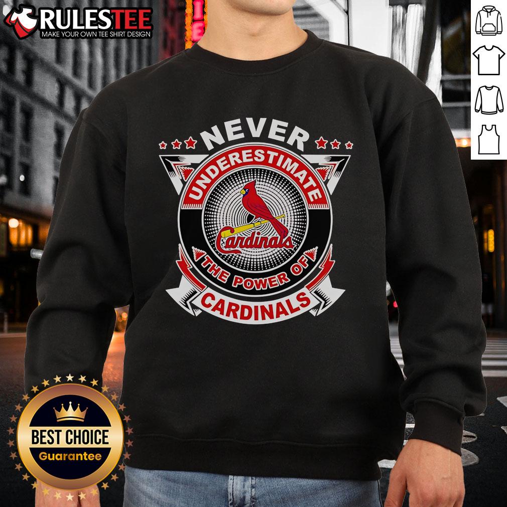 Awesome Never Underestimate The Power Of Cardinals Sweatshirt in vibrant red, featuring a bold cardinal graphic design.