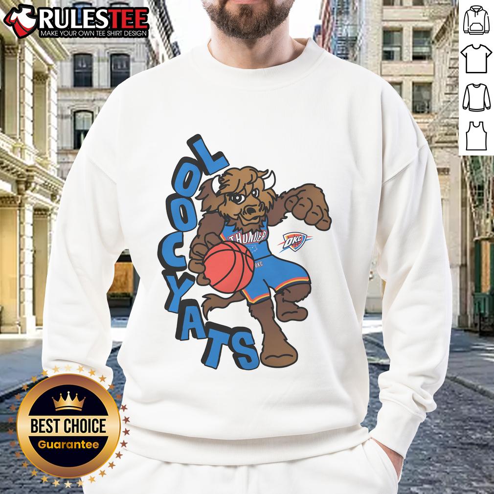 Awesome Oklahoma City Thunder Stadium Essentials NBA X Staycool mascot sweatshirt featuring vibrant team colors and logo.