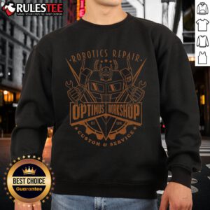 Awesome Optimus Workshop Robotics Repair Custom Service Sweatshirt in blue with logo, perfect for tech enthusiasts.