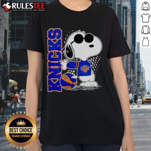 Alt Text: Awesome Peanuts Snoopy New York Knicks Basketball 2025 Ladies Tee featuring a playful Snoopy design and Knicks colors.