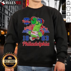 Awesome Phillie Phanatic mascot on a Philadelphia skyline sweatshirt, perfect for Philadelphia Phillies fans.