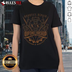 Awesome Robotics Repair Optimus Workshop custom service ladies tee featuring a stylish design for tech enthusiasts.