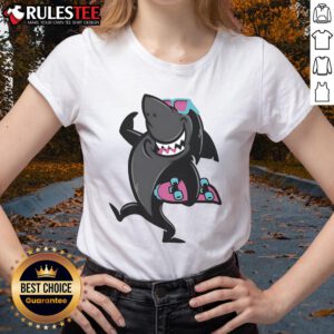 Funny cartoon of a shark roller skating, perfect for ladies' tees. Awesome skate shark design for fun-loving skaters!