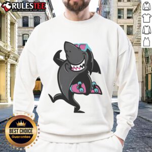 Alt Text: Funny cartoon of a shark roller skating in a vibrant sweatshirt, perfect for skate enthusiasts and cartoon lovers.