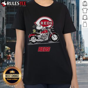 Alt Text: Snoopy and Woodstock riding a motorbike on a Cincinnati Reds ladies tee, perfect for fans and casual wear.