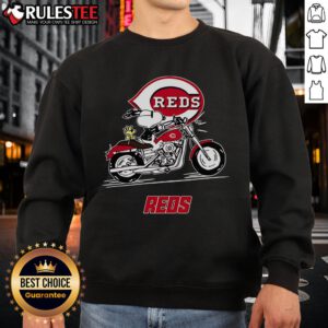 Awesome Snoopy and Woodstock driving a motorbike on a Cincinnati Reds sweatshirt, perfect for fans and collectors.