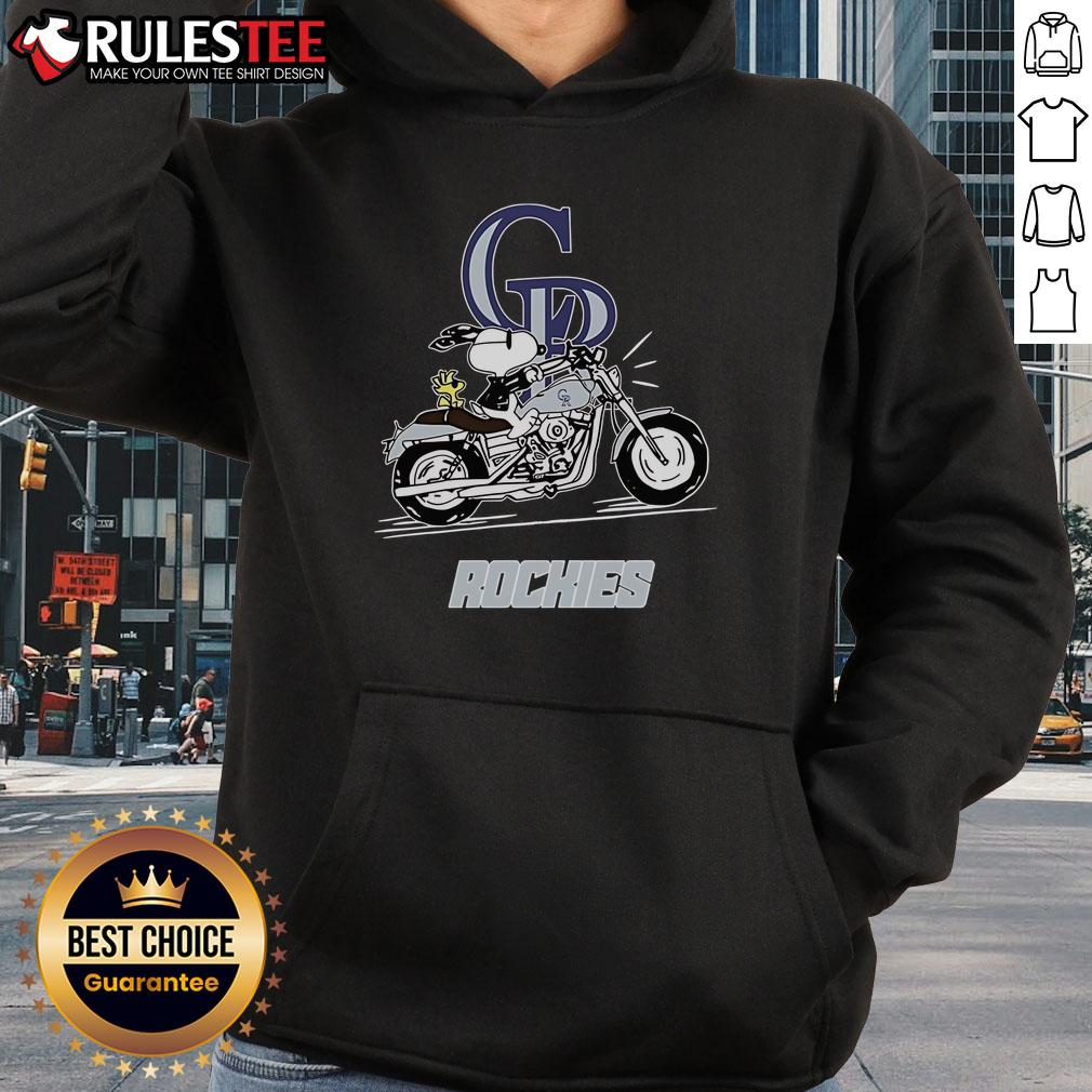 Snoopy and Woodstock driving a motorbike through the Colorado Rockies on an Awesome hoodie design.