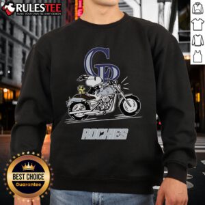 Awesome Snoopy and Woodstock driving a motorbike in the Colorado Rockies on a cozy sweatshirt