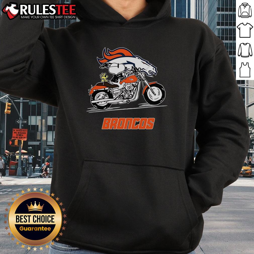 Alt Text: Snoopy and Woodstock riding a motorbike on a Denver Broncos hoodie, showcasing playful cartoon design.