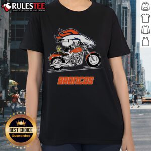 Awesome Snoopy and Woodstock driving a motorbike on a Denver Broncos ladies tee, perfect for fans and casual wear.