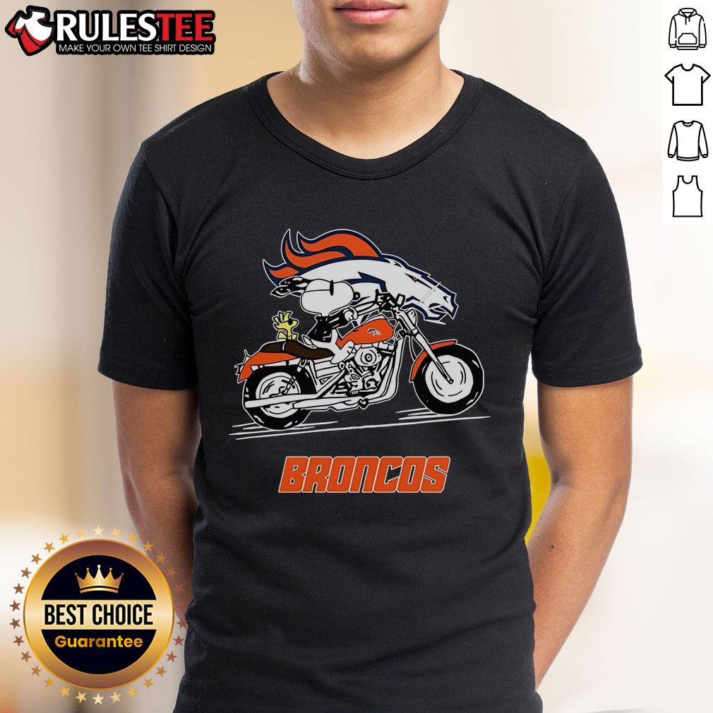 Alt Text: Awesome Snoopy and Woodstock driving motorbike on Denver Broncos T-shirt design, perfect for fans and collectors.