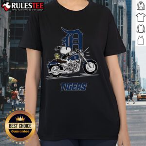 Awesome Snoopy and Woodstock riding a motorbike on Detroit Tigers ladies tee, perfect for fans and casual wear.