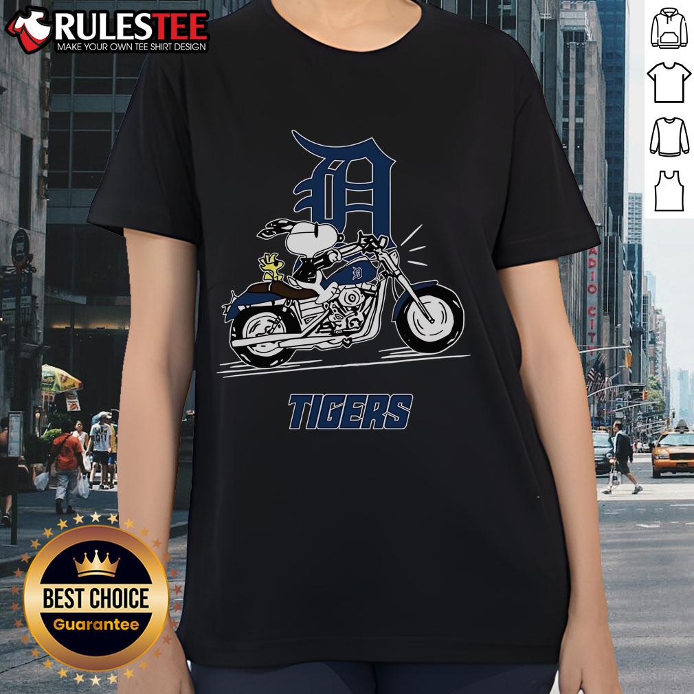 Awesome Snoopy and Woodstock riding a motorbike on Detroit Tigers ladies tee, perfect for fans and casual wear.