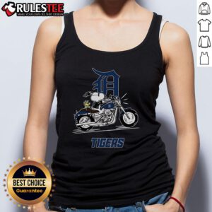 Awesome Snoopy and Woodstock driving a motorbike, wearing a Detroit Tigers tank top, perfect for fun summer outfits.