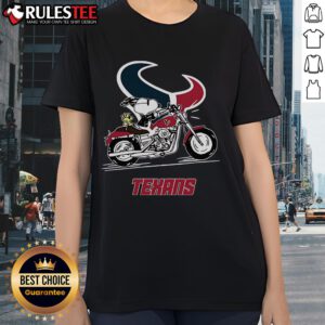 Awesome Snoopy and Woodstock driving a motorbike on Houston Texans ladies tee, perfect for fans and collectors.