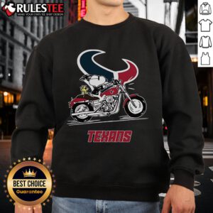 Awesome Snoopy and Woodstock driving a motorbike on a Houston Texans sweatshirt, perfect for NFL fans and Peanuts lovers.