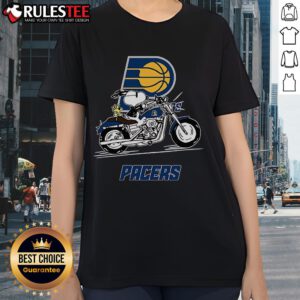 Snoopy and Woodstock riding a motorbike on a stylish Indiana Pacers ladies tee, perfect for fans.