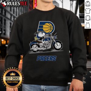 Alt Text: Snoopy and Woodstock riding a motorbike on an Indiana Pacers sweatshirt, perfect for fans and collectors.