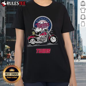Alt Text: Awesome Snoopy and Woodstock driving a motorbike on a Minnesota Twins ladies tee shirt design.