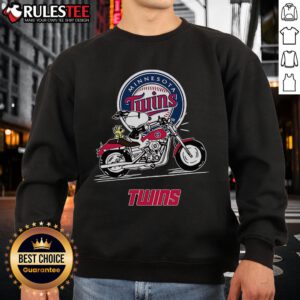 Snoopy and Woodstock riding a motorbike on a Minnesota Twins sweatshirt, showcasing a fun and vibrant design.