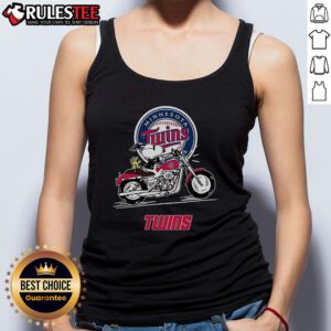 Alt Text: Snoopy and Woodstock riding a motorbike on a Minnesota Twins tank top, showcasing playful cartoon style.