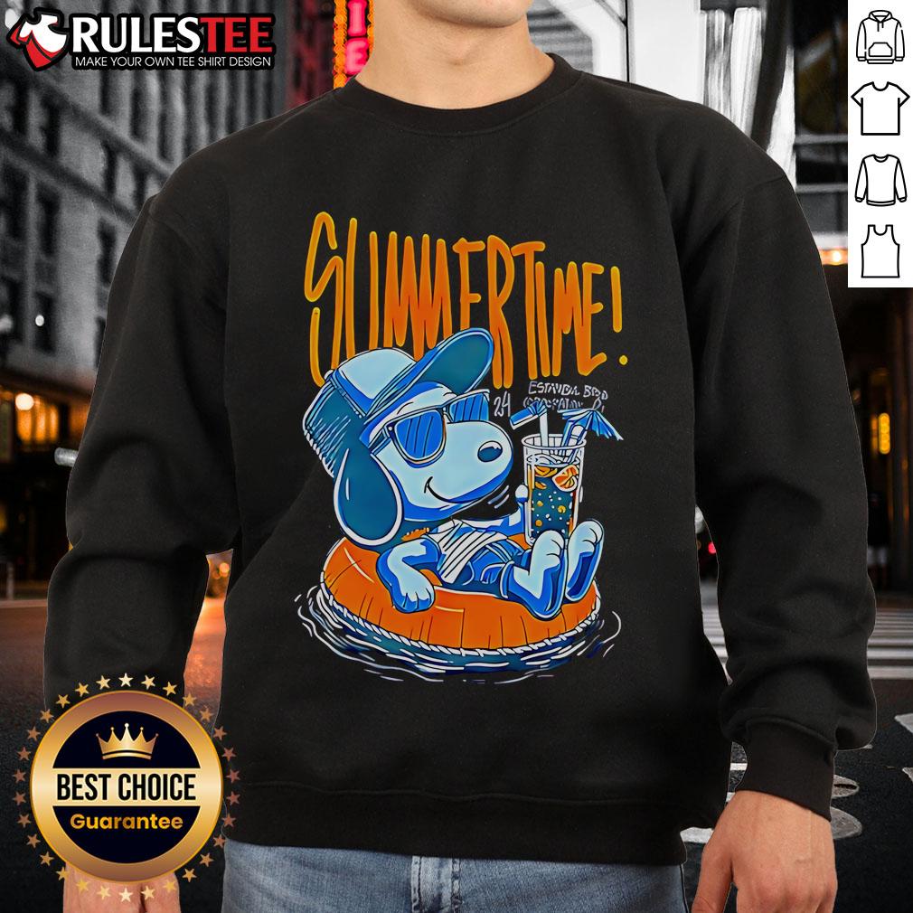 Awesome Snoopy summer time sweatshirt featuring colorful graphics of Snoopy enjoying the sun.