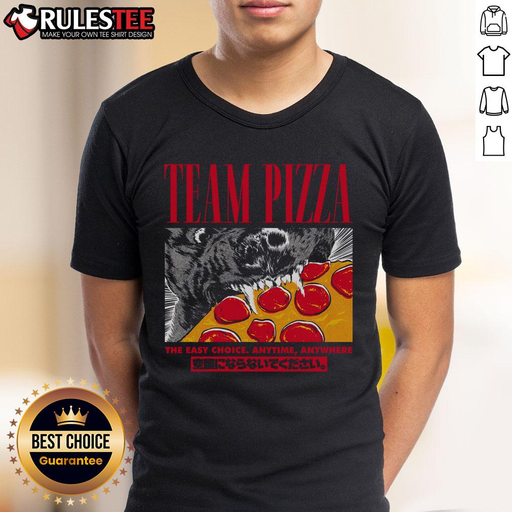 Awesome Team Pizza T-Shirt featuring 'The Easy Choice Anytime Anywhere' slogan for pizza lovers and casual wear.