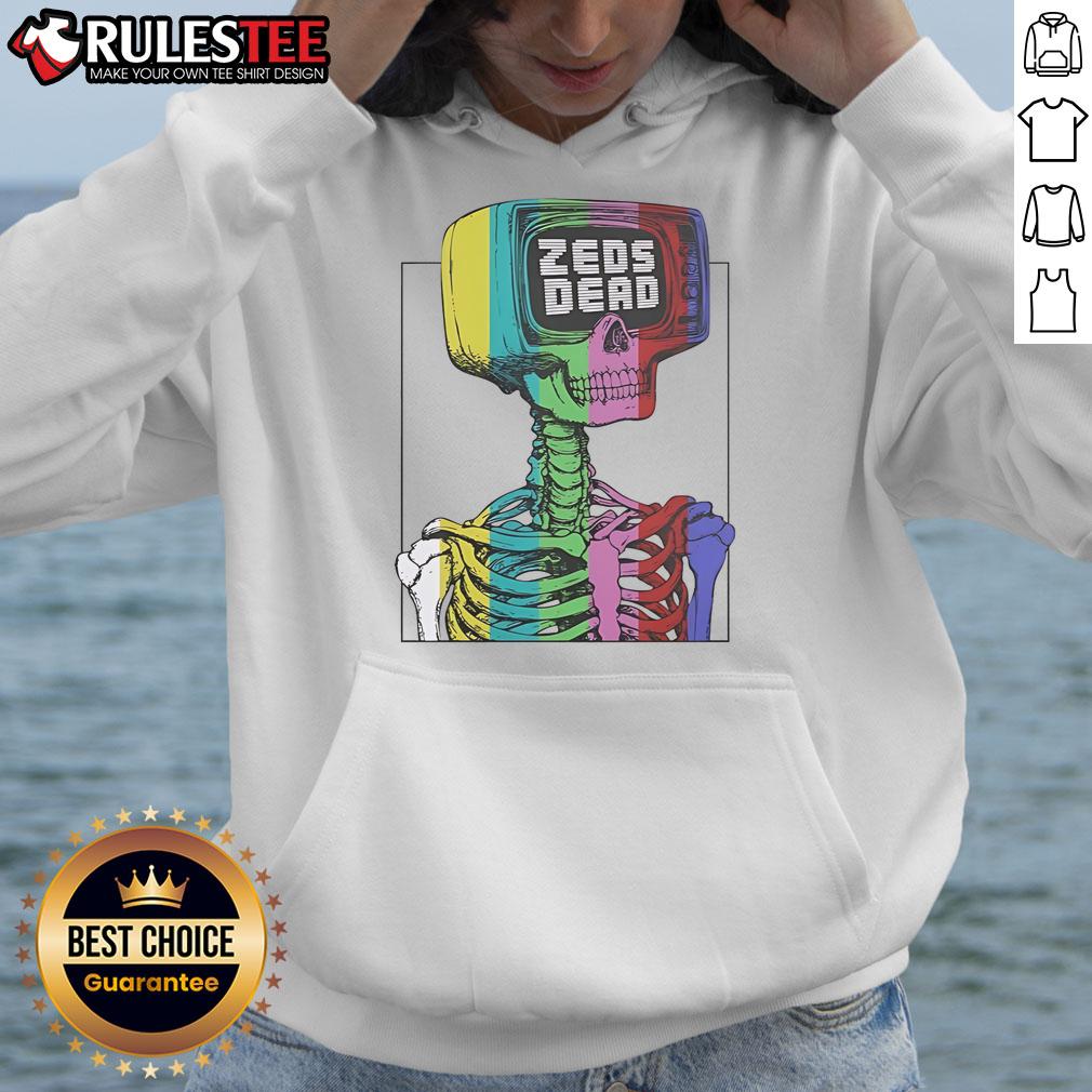 Awesome Zeds Dead test pattern skeleton rainbow hoodie displayed on a mannequin, showcasing vibrant colors and unique design.
