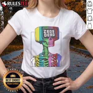 Awesome Zeds Dead test pattern skeleton rainbow ladies tee featuring vibrant colors and unique graphic design.