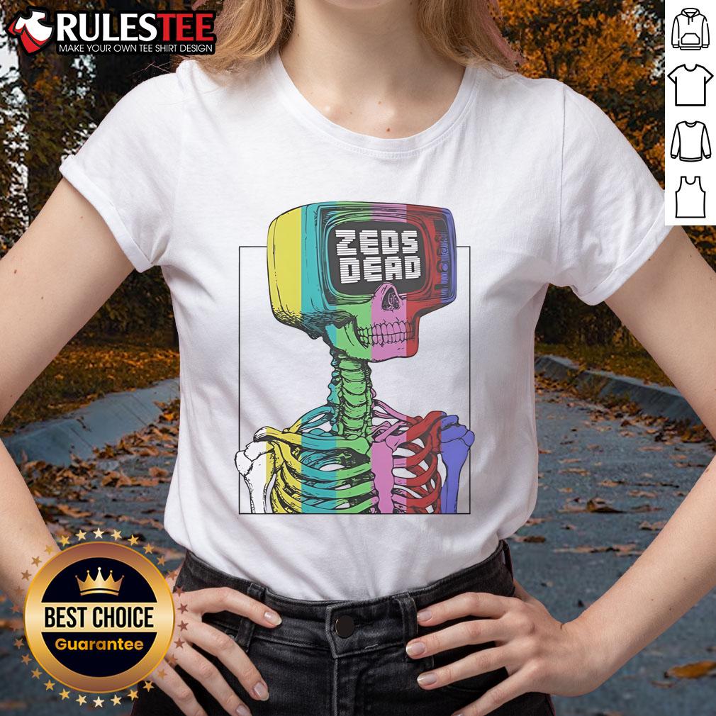 Awesome Zeds Dead test pattern skeleton rainbow ladies tee featuring vibrant colors and unique graphic design.