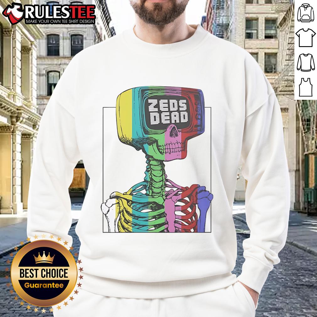 Alt Text: Colorful 'Awesome Zeds Dead Test Pattern Skeleton Rainbow Sweatshirt' featuring a vibrant graphic design and cozy fit.
