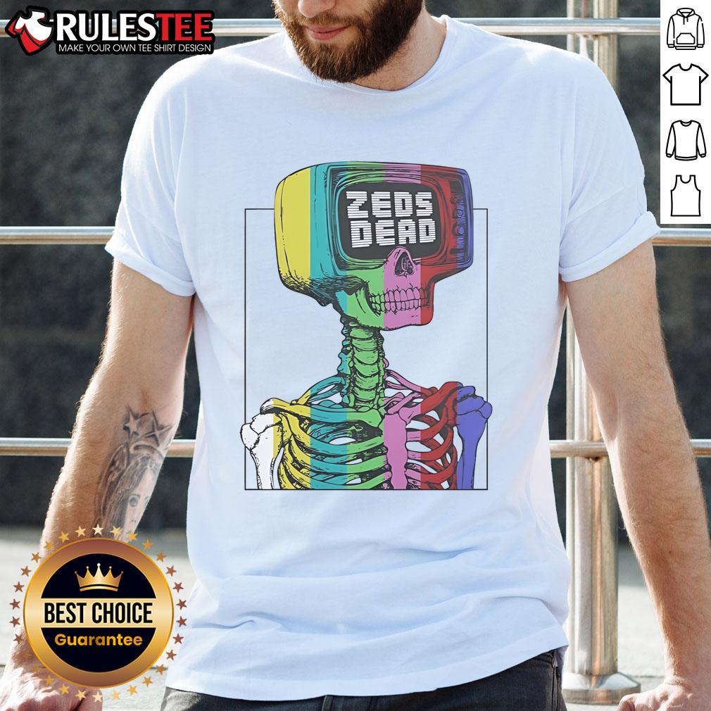 Awesome Zeds Dead test pattern skeleton rainbow t-shirt featuring vibrant colors and unique graphic design.