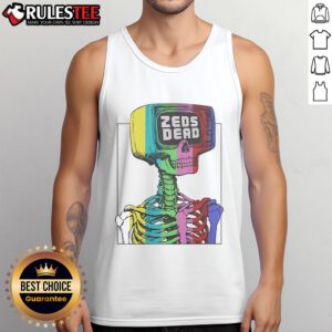 Alt Text: Colorful Zeds Dead test pattern skeleton tank top featuring a vibrant rainbow design, perfect for music festival wear.