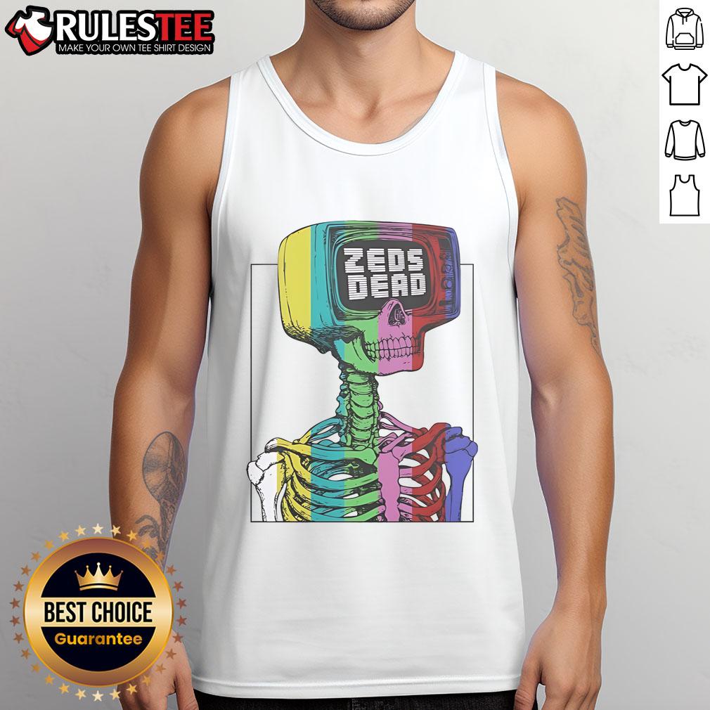 Alt Text: Colorful Zeds Dead test pattern skeleton tank top featuring a vibrant rainbow design, perfect for music festival wear.