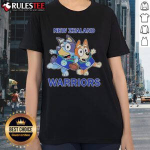Alt Text: Cute Bluey X New Zealand Warriors ladies tee featuring vibrant colors and fun design, perfect for fans and casual wear.