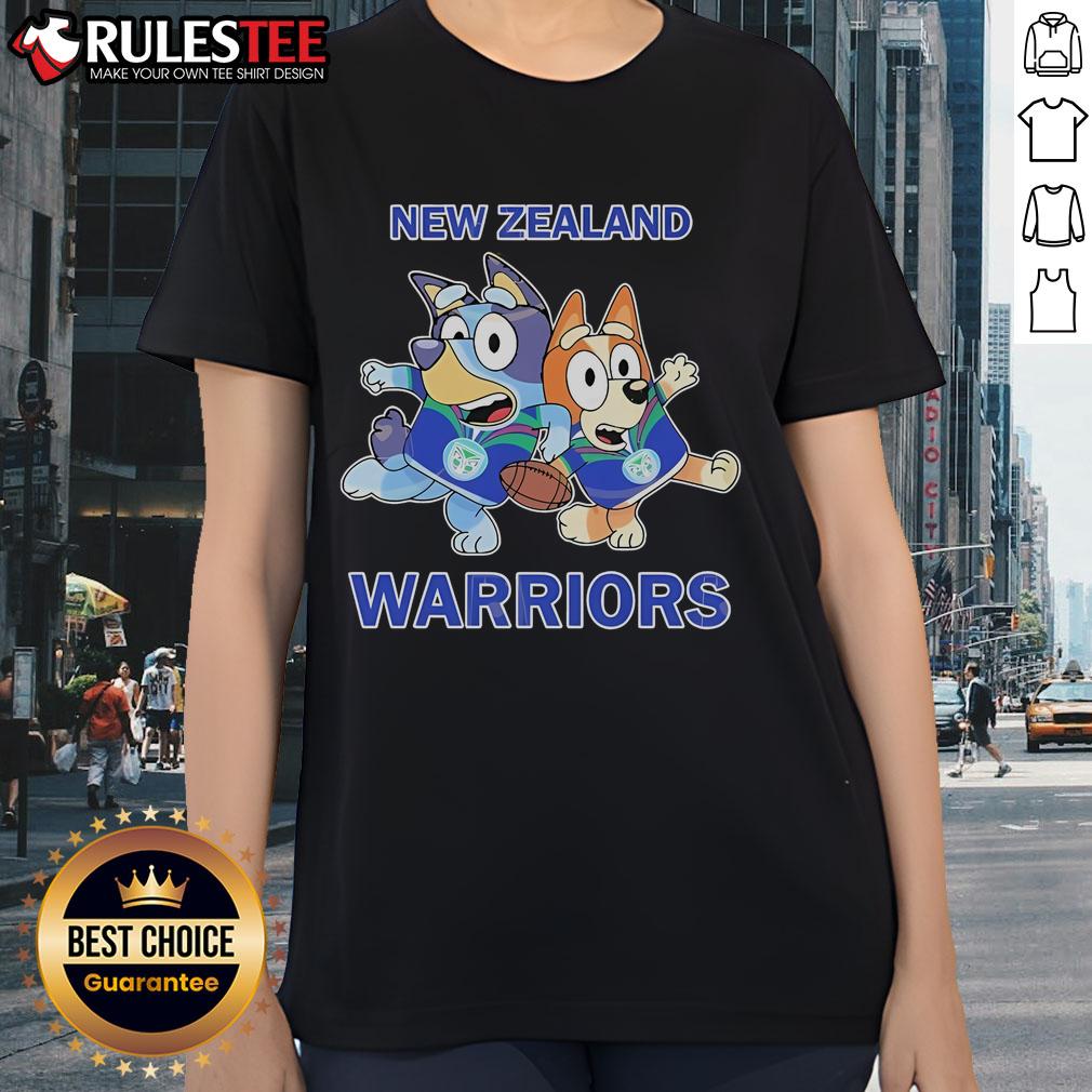 Alt Text: Cute Bluey X New Zealand Warriors ladies tee featuring vibrant colors and fun design, perfect for fans and casual wear.