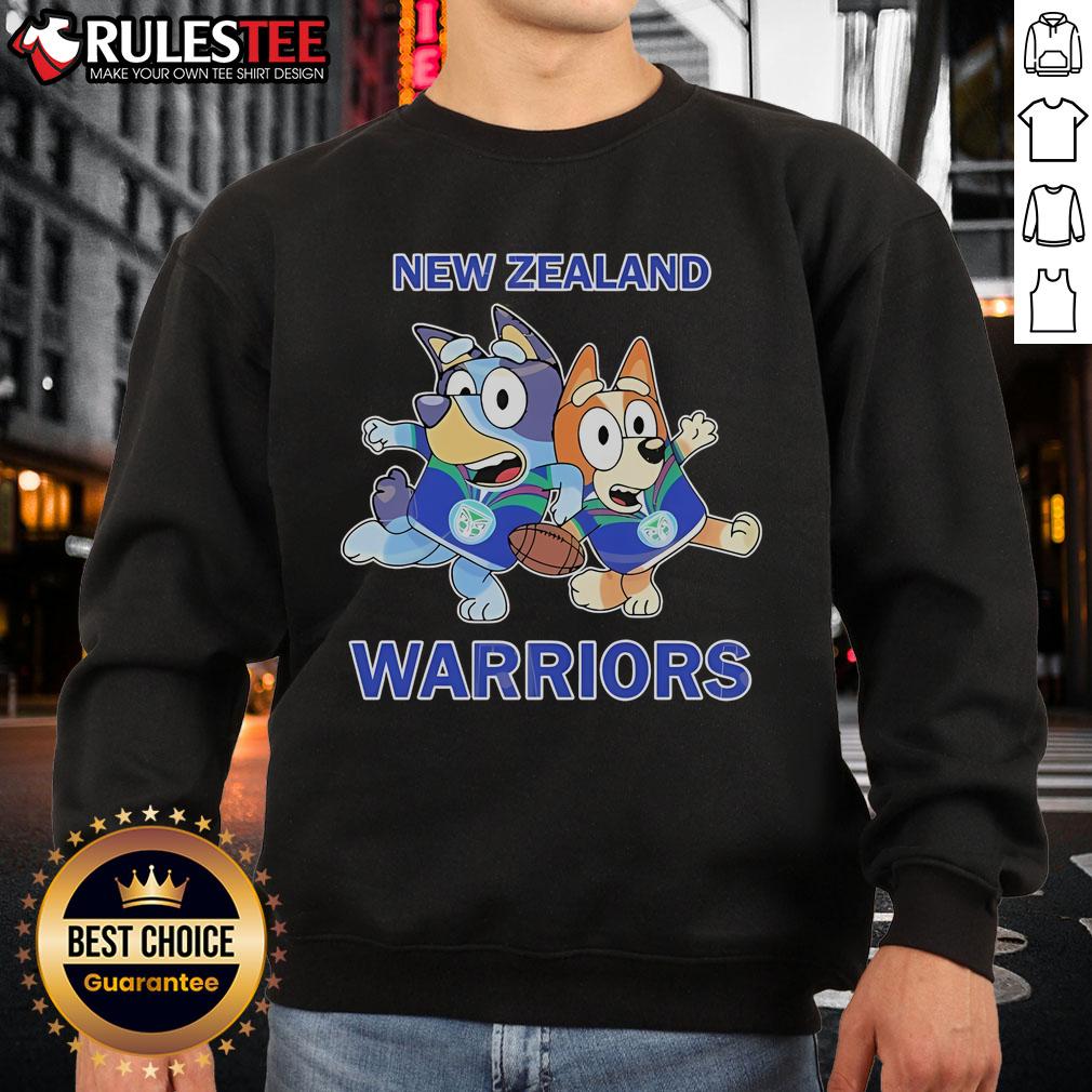 Cute Bluey X New Zealand Warriors sweatshirt featuring vibrant colors and playful design, perfect for fans and kids.
