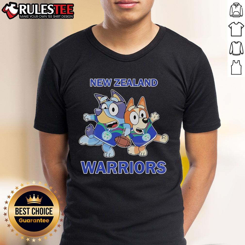 Alt Text: Cute Bluey X New Zealand Warriors T-Shirt featuring vibrant colors and playful designs for young fans.