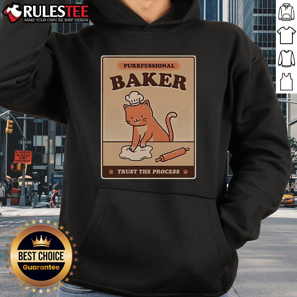 Alt Text: Adorable cat in a 'Purrfessional Baker' hoodie, showcasing its love for baking and the phrase 'Trust the Process.'