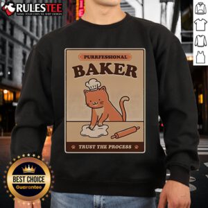 Alt Text: Cute cat in a chef hat baking, wearing 'Purrfessional Baker' sweatshirt, perfect for cat lovers and baking enthusiasts.