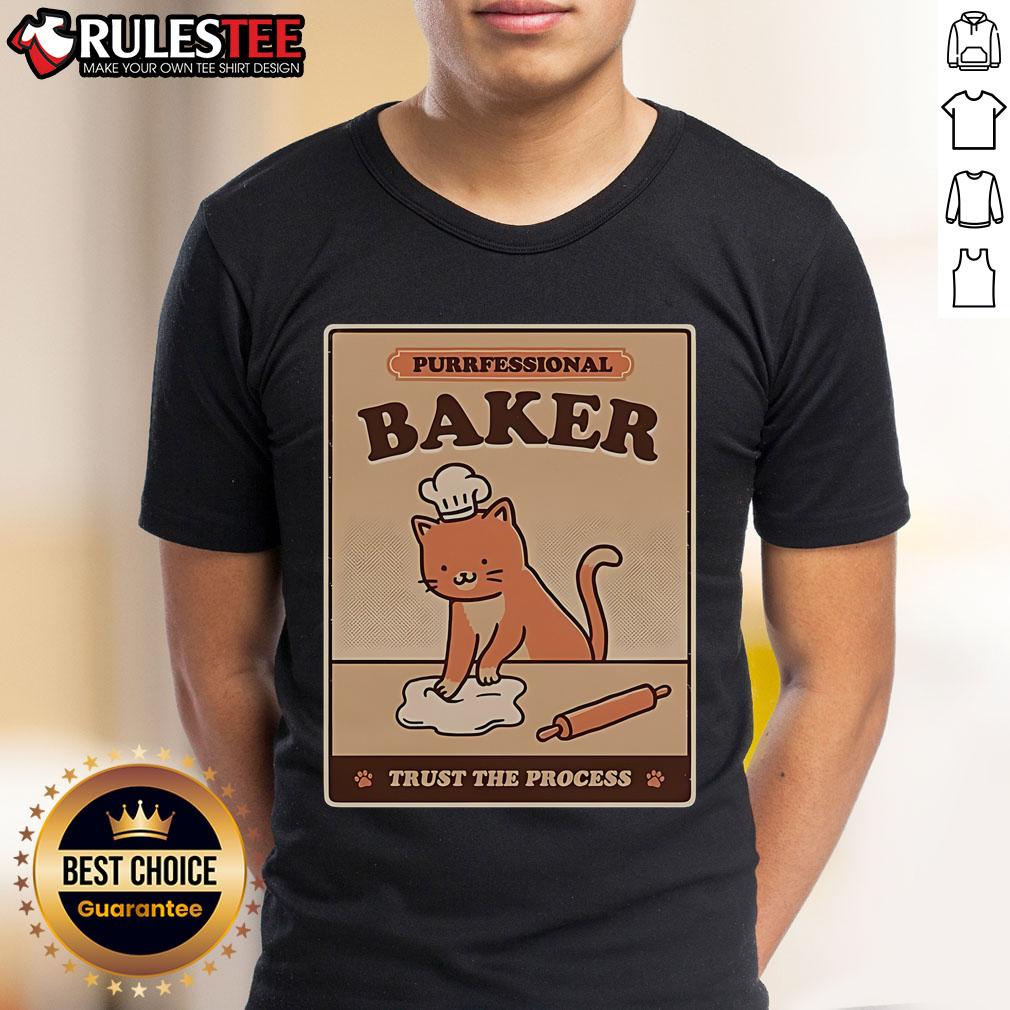 Cute Cat Purrfessional Baker T-Shirt featuring a playful cat and baking elements. Trust the process with style!