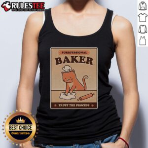 Cute cat wearing a 'Purrfessional Baker' tank top, embracing the motto 'Trust the Process' in a playful kitchen setting.