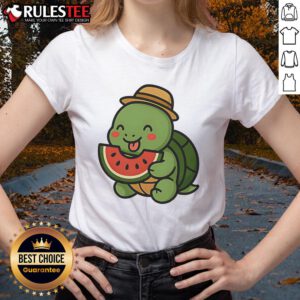 Cute cheerful turtle eating watermelon on a summer ladies tee, perfect for summer vibes and turtle lovers.