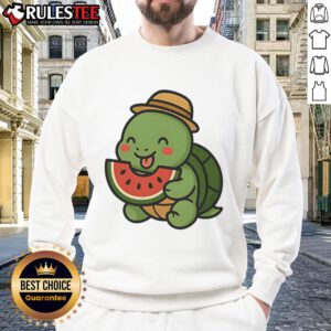 Cute cheerful turtle enjoying watermelon, perfect for summer sweatshirt design, adding fun to your summer wardrobe.