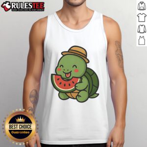 Cute cheerful turtle eating watermelon while wearing a cute summer tank top, perfect for summer vibes and beach fun.