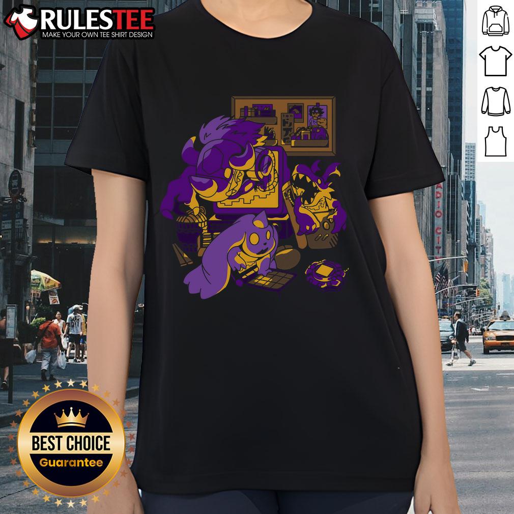 Alt Text: Cute Digimon digital invasion tee featuring Gabumon, Greymon, and Kabuterimon in vibrant colors for ladies.