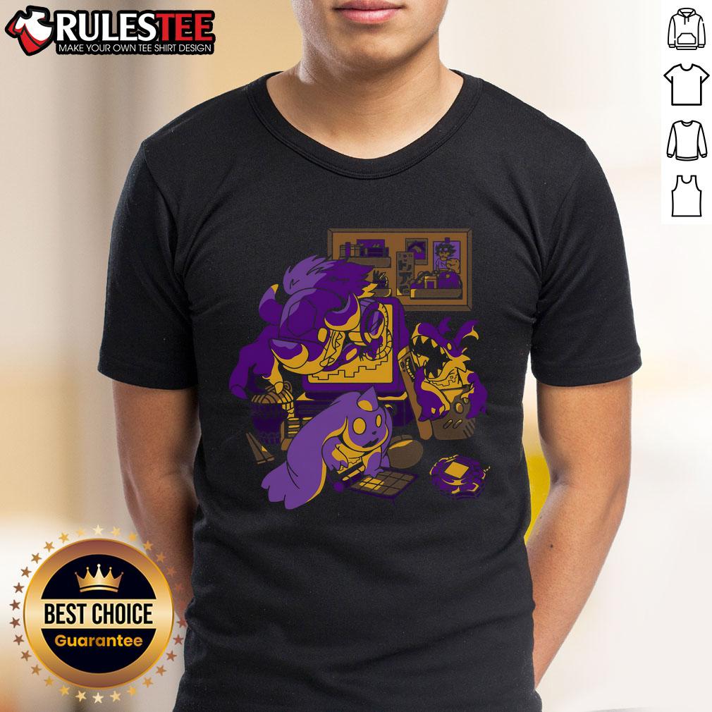 Alt Text: Cute Digimon T-Shirt featuring Gabumon, Greymon, and Kabuterimon in a vibrant digital invasion design.