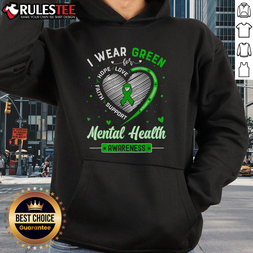 Cute heart design on a green hoodie for Mental Health Awareness Month, promoting mental health support and awareness.