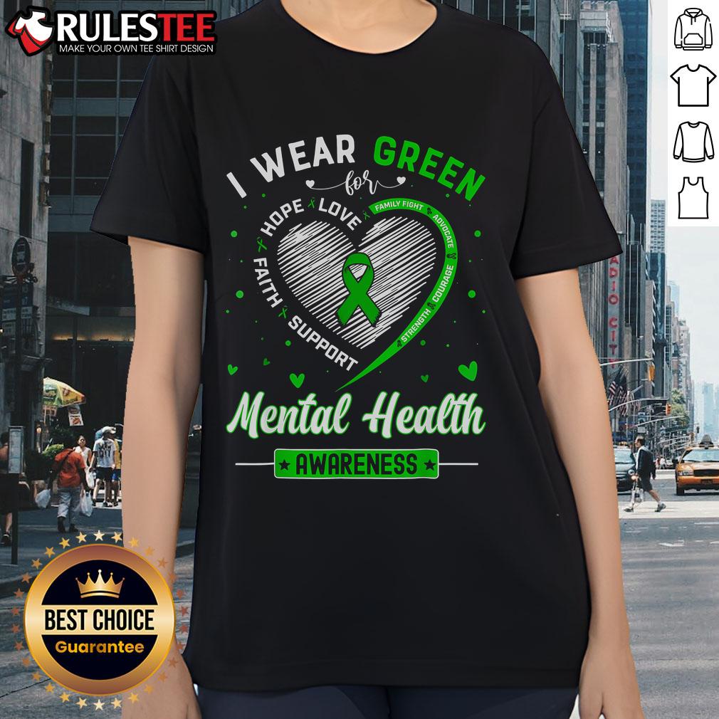 Cute heart graphic on a green tee for Mental Health Awareness Month, promoting mental health awareness.